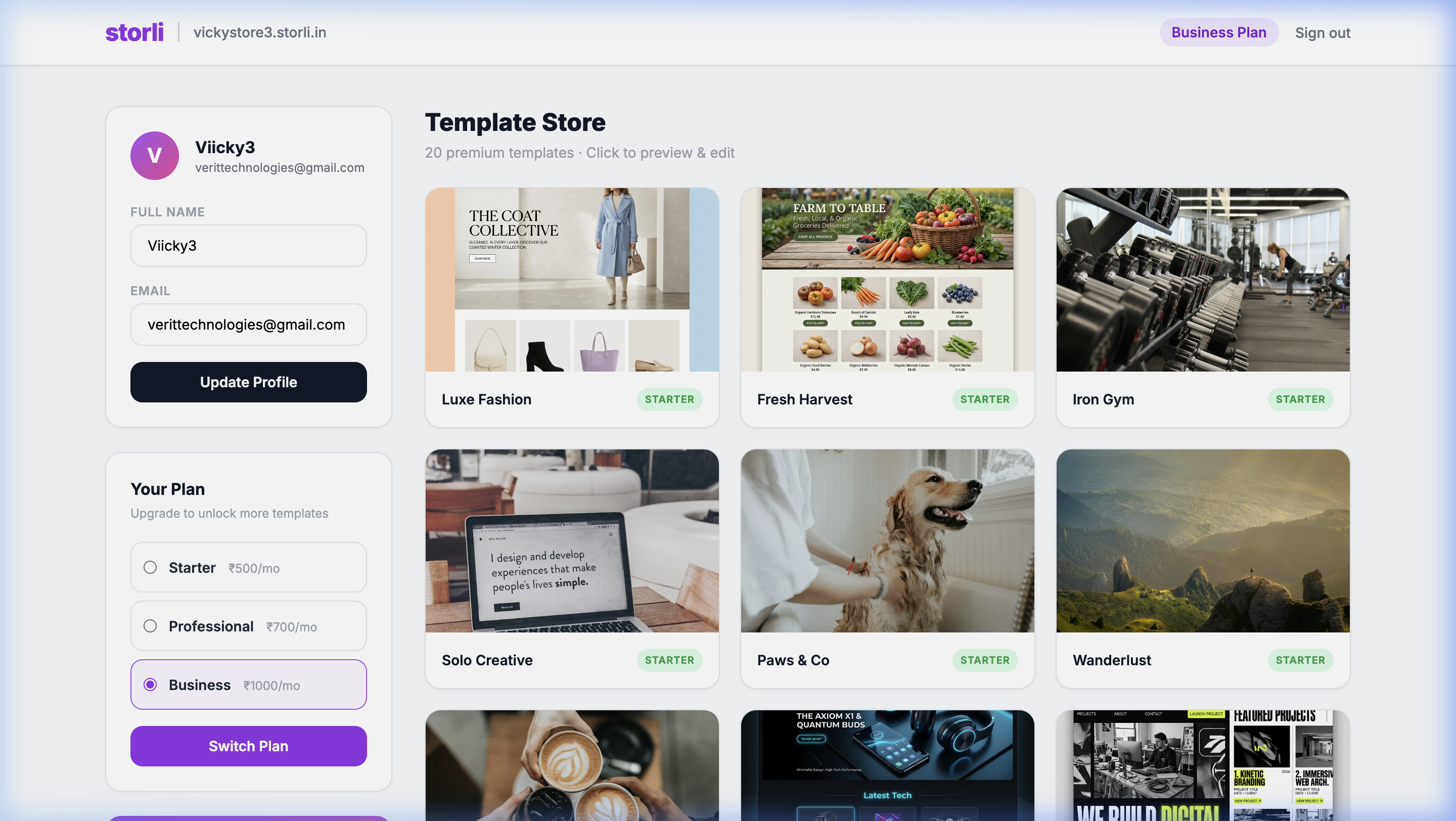 Storli Dashboard – manage your templates, profile, and plan from one place